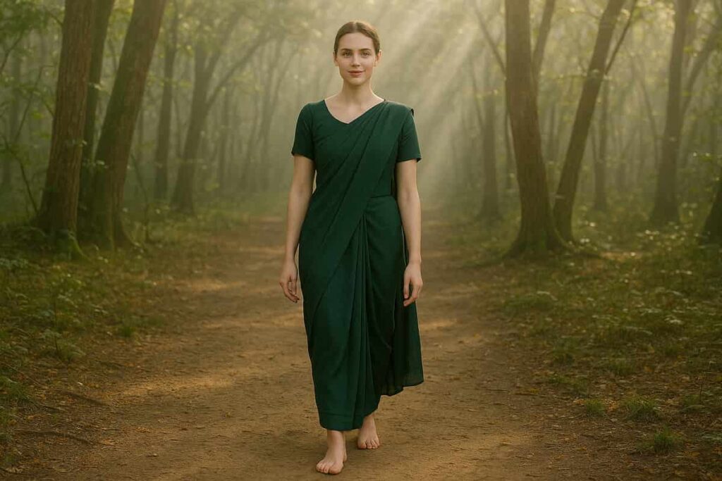 Woman in green saree walking barefoot in forest, representing grounding techniques during Ajna Chakra awakening.