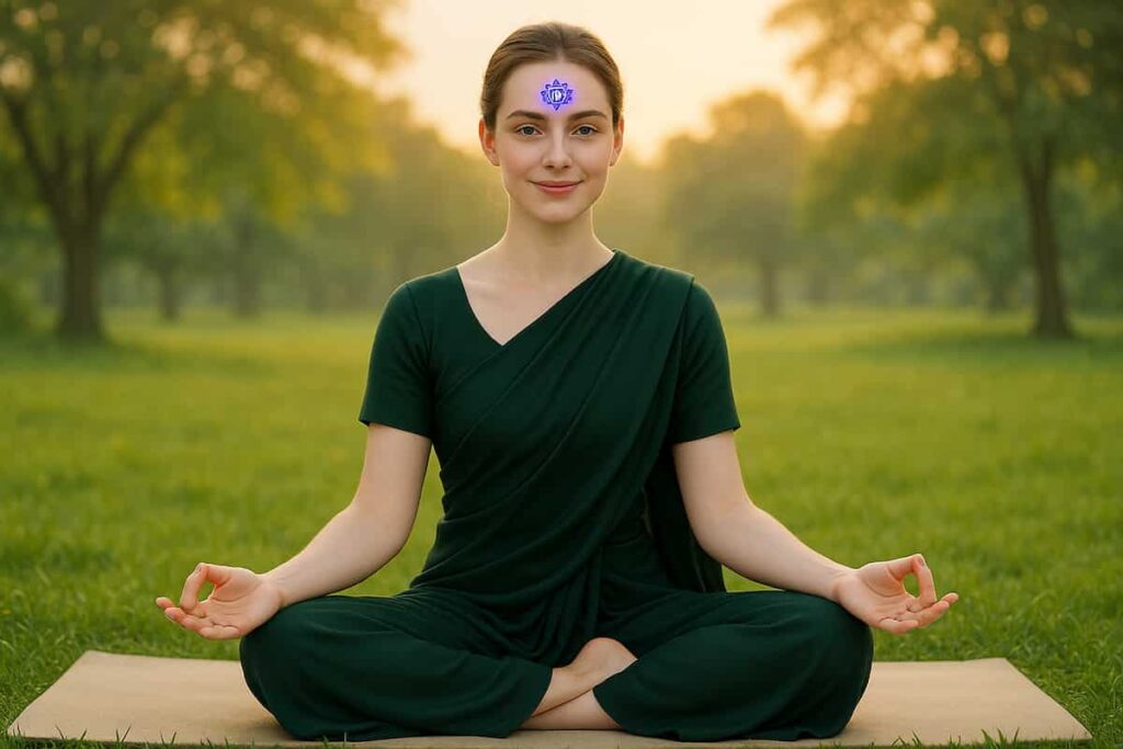 Woman meditating in lotus pose at sunrise with Ajna Chakra glowing on forehead, representing Third Eye awakening.