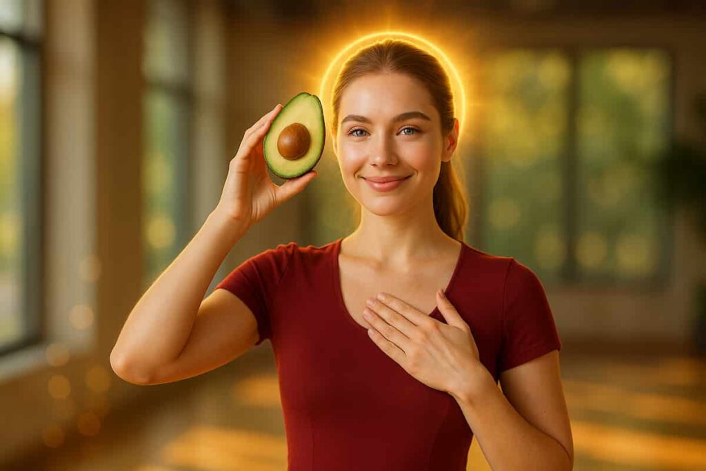 A joyful woman in a red dress holds an avocado near her head with a golden glow, symbolizing brain health and mood-boosting benefits in a sunlit natural setting.
