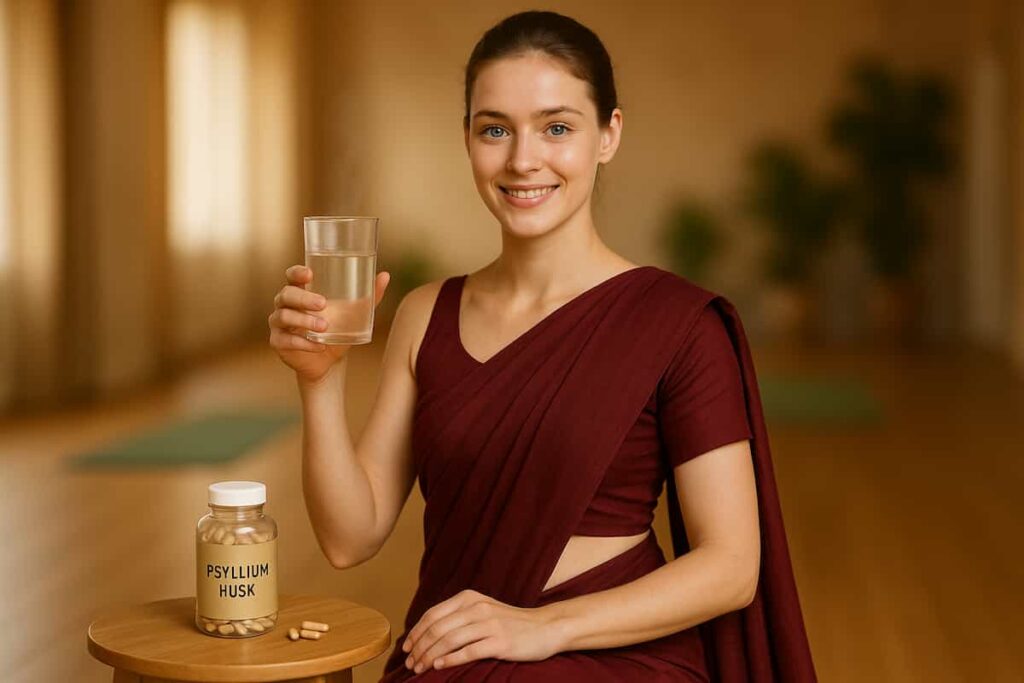 A serene woman in a red saree prepares to take psyllium husk capsules with warm water, showcasing a natural Ayurvedic remedy for digestion and heart health.