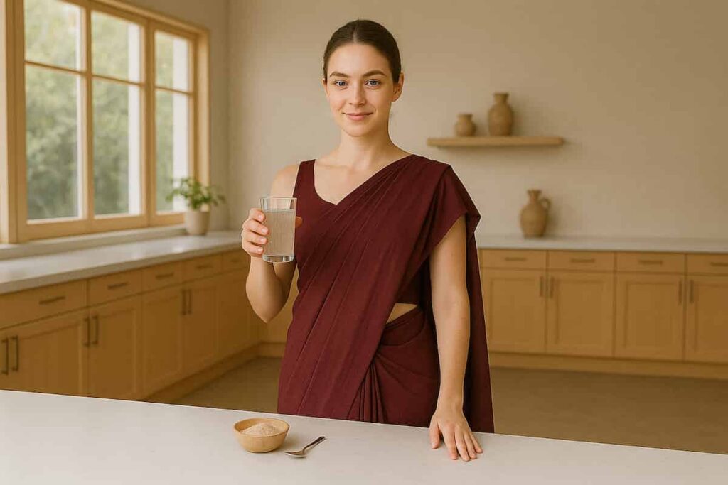 A healthy woman in a red saree prepares psyllium husk in water at home, showcasing a natural remedy for digestion and heart health