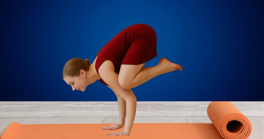 A focused young woman holding Bakasana (Crow Pose) with stability, showcasing yoga's strength benefits for 'Yoga Isn’t Just Stretching: Problem-Solution Structure