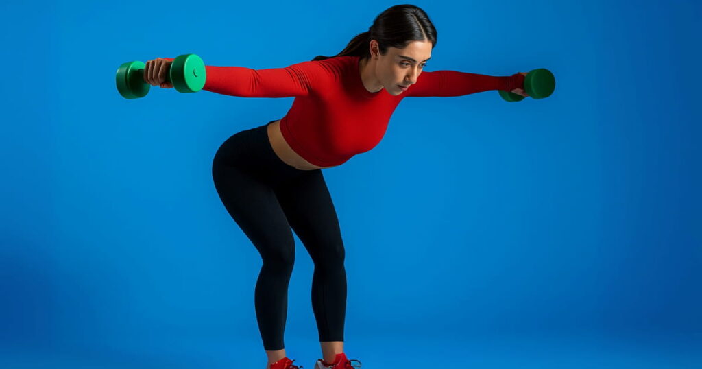 Beginner performing bent-over reverse fly exercise with light dumbbells, targeting rear deltoids and improving posture. Demonstrates proper bent-at-hips form with flat back and slight elbow bend for safe shoulder strengthening.