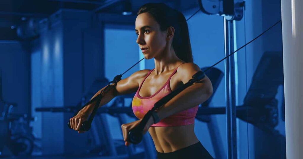 Beginner performing cable shoulder exercises at the gym, demonstrating adjustable cable machine exercises for controlled, full-range shoulder movements. Safe strength-building workout targeting all deltoid heads with constant tension