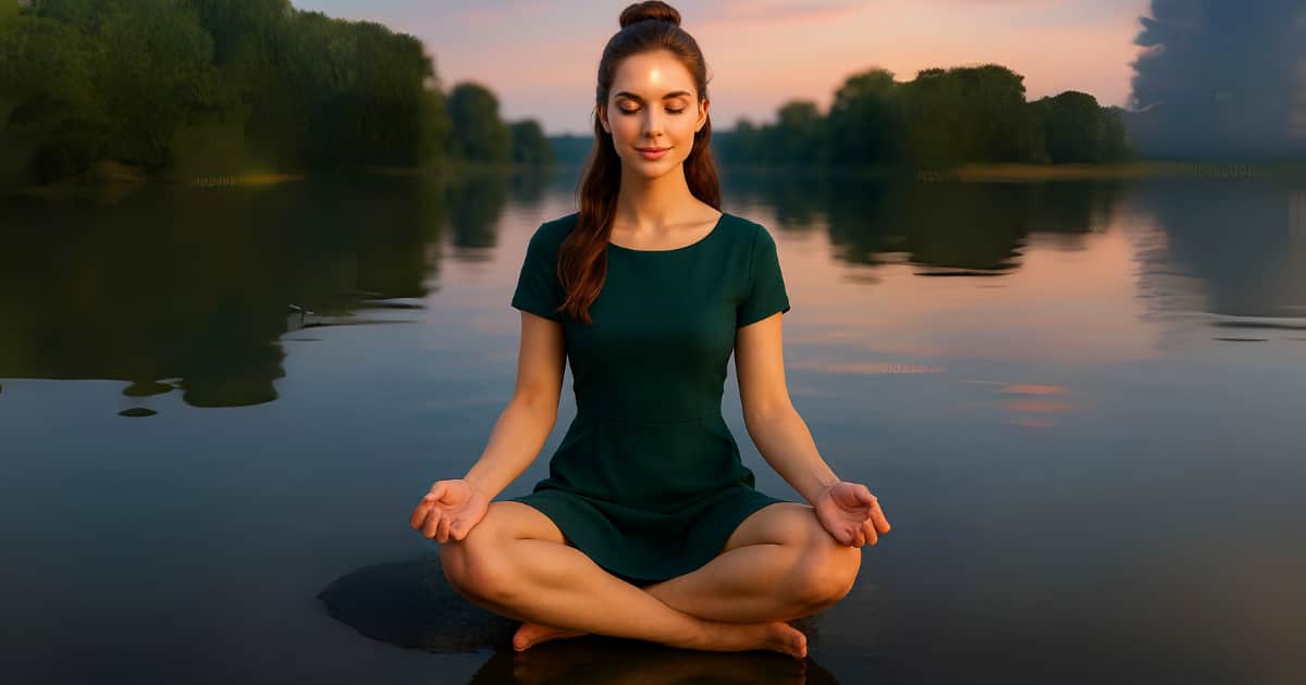 Person in seated meditation pose chanting 'Om,' symbolizing yoga's mental and spiritual depth beyond stretching