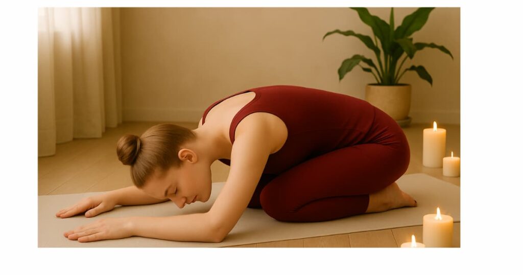 Young woman in practicing Child Pose Hatha Yoga Beginner on a mat in a minimalist room – ideal for beginners