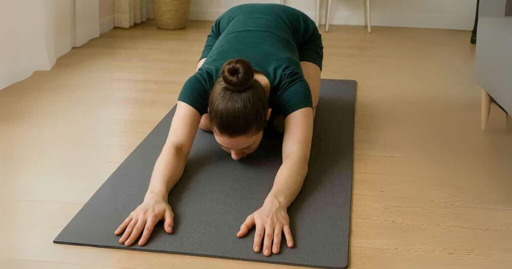 Person in Child’s Pose (Balasana), demonstrating yoga’s restorative benefits beyond stretching