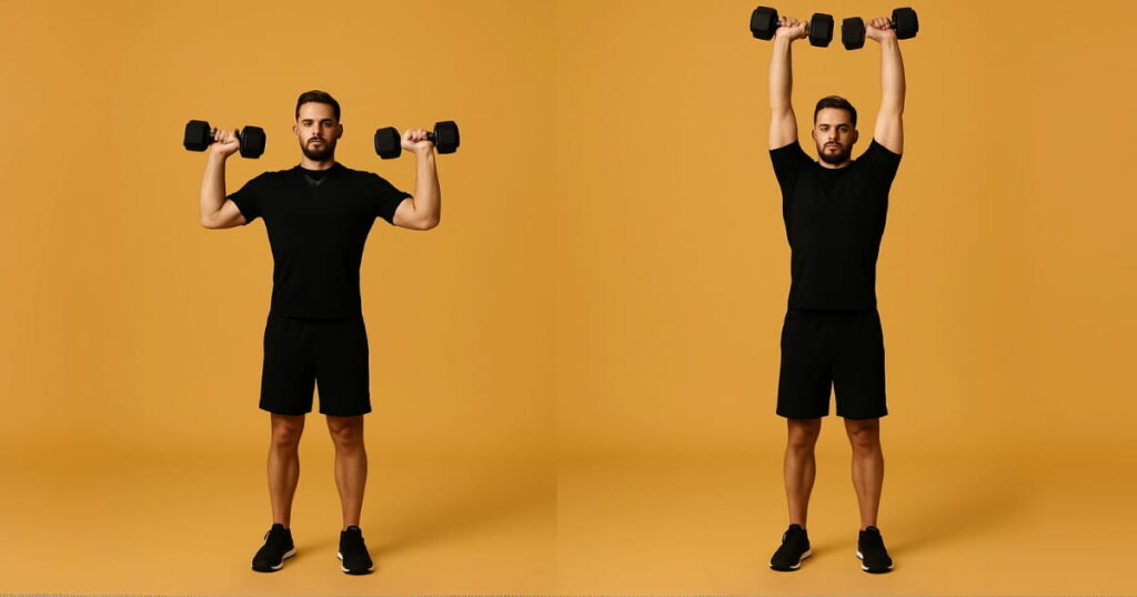 Fitness beginner performing a seated dumbbell shoulder press with proper form - elbows at 90 degrees, core engaged, and controlled upward press. Essential strength-building exercise for shoulder workouts.