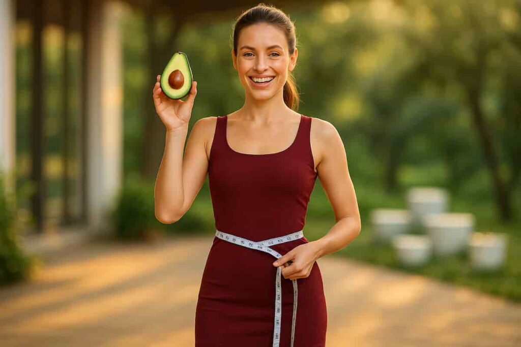 A healthy young woman in a red yoga dress holds an avocado and a measuring tape, smiling confidently in a sunlit setting—symbolizing weight management benefits of superfoods.