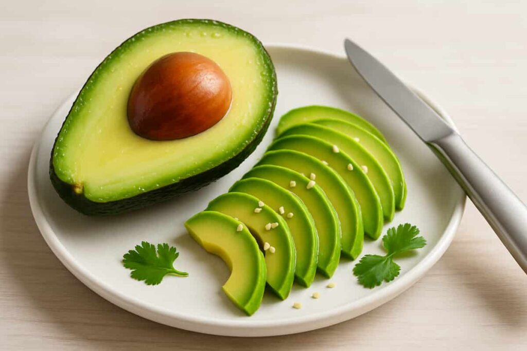 A ripe, sliced avocado on a white plate, showcasing its creamy green flesh and fresh texture, perfectly lit for a healthy food appeal.