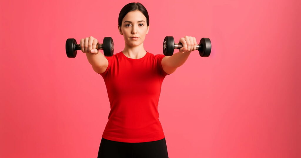 Beginner demonstrating proper front raise technique with light dumbbells, lifting arms to shoulder height with controlled motion. Essential shoulder workout for targeting anterior deltoids safely.