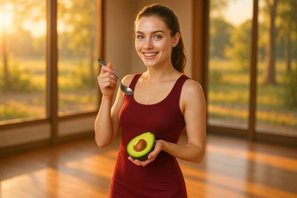 A radiant young woman in a red yoga dress smiles while holding a fresh, halved avocado, symbolizing heart-healthy superfood benefits in a natural, sunlit setting
