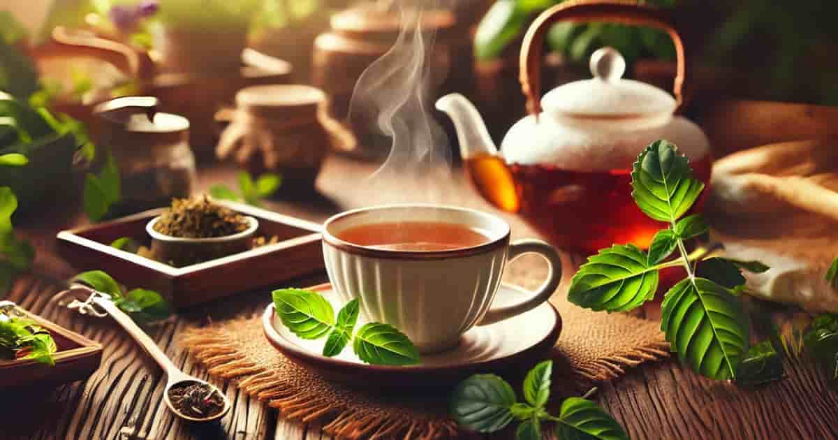 Steaming cup of golden Tulsi (Holy Basil) herbal tea with fresh leaves, a natural remedy for stress relief and immune system support