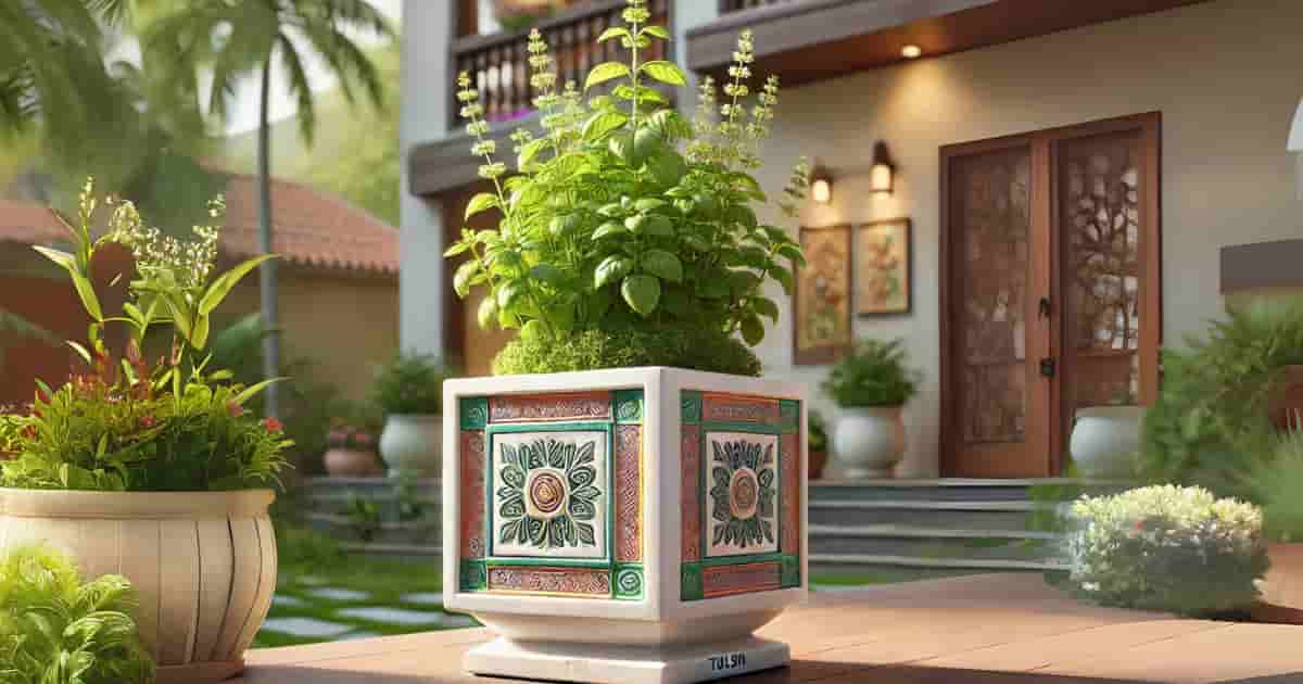 Fresh Tulsi (Holy Basil) plant in a Tulsi Manch, known for its Ayurvedic healing benefits like stress relief and immunity boosting.