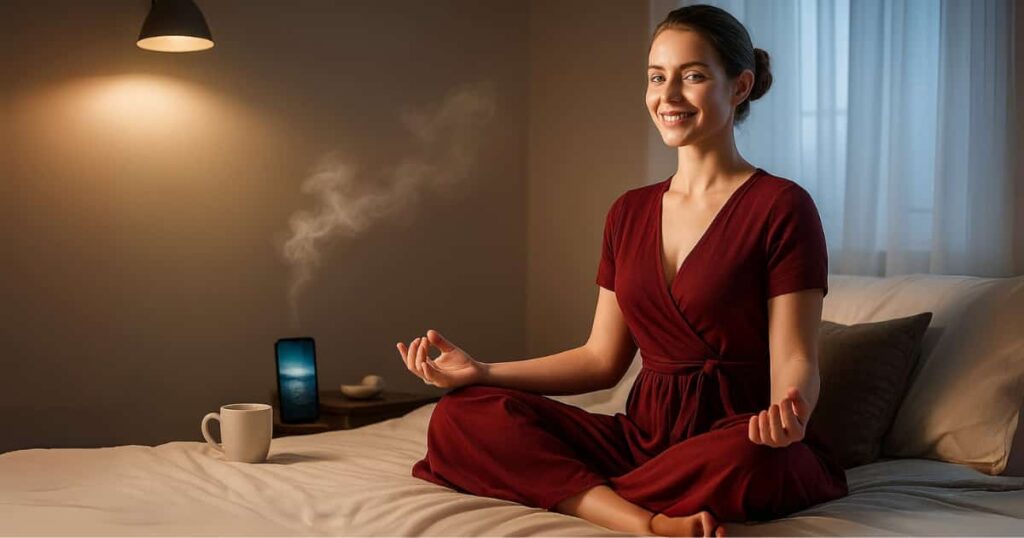 A calm young woman with fair skin and closed eyes sitting cross-legged in a peaceful indoor setting, practicing guided meditation with headphones on. Soft natural light fills the room, creating a serene, stress-free atmosphere that reflects the relaxing benefits of meditation.