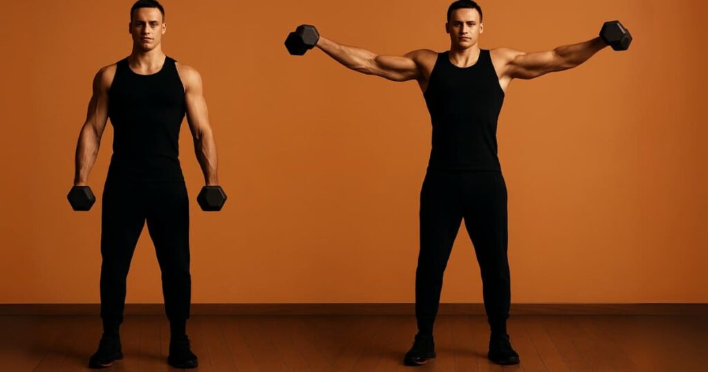 A beginner performing lateral raises with light dumbbells, arms extended to shoulder height in a controlled motion. Demonstrates proper form for shoulder workouts to build strength safely without strain.