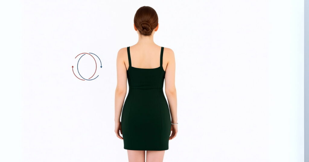 Young woman in a dark green dress practicing Shoulder-Rolls in a minimalist room – ideal for beginners