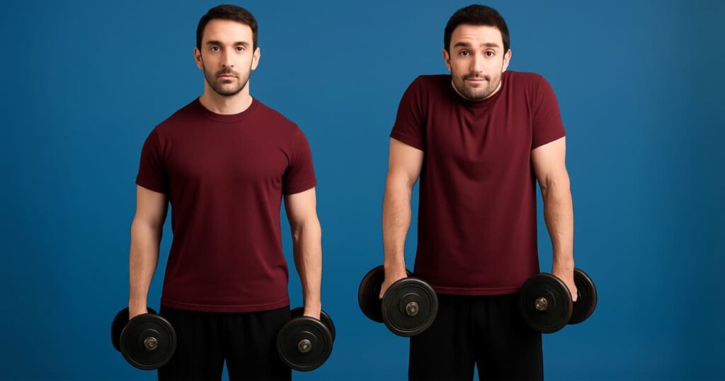 Fitness beginner performing shoulder shrugs with dumbbells, demonstrating proper trapezius engagement by lifting shoulders straight up toward ears without rolling. Essential exercise for neck and shoulder strength