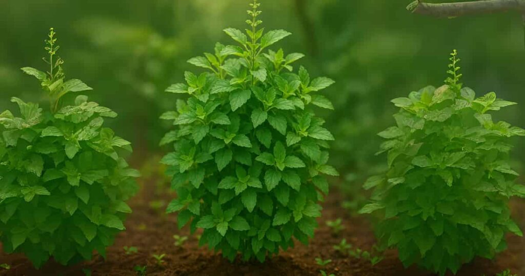 Thai Holy Basil plant thriving in a pot, showing lush green leaves—perfect for growing indoors or outdoors in your home garden
