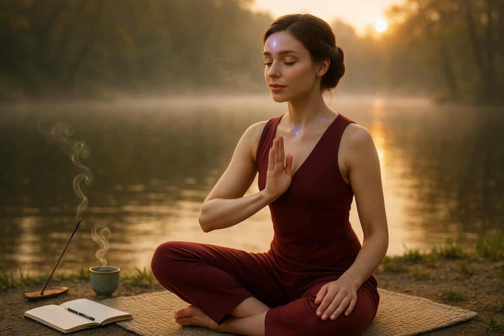 Meditator mindfully completing Third Eye practice, transitioning with serene awareness