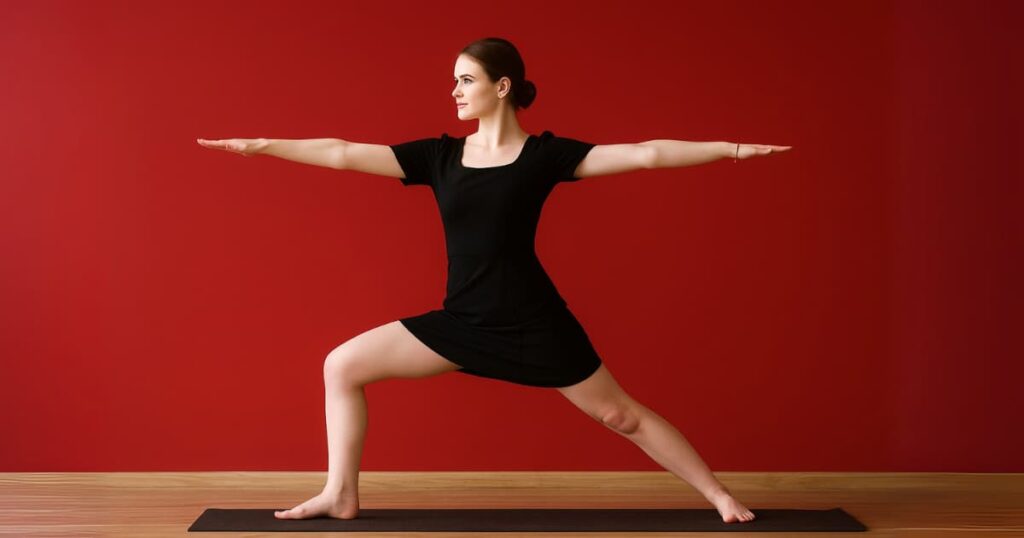 A woman practicing Warrior II pose on a yoga mat, demonstrating strength, stability, and alignment — showing that yoga builds more than flexibility.