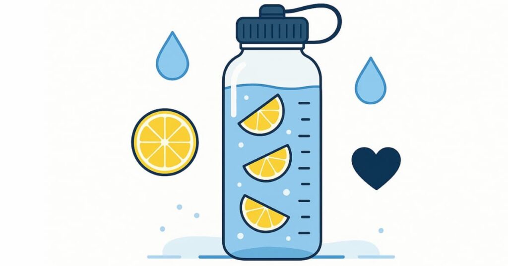Glass water bottle with hydration symbols and lemon slices – banner for water intake guide