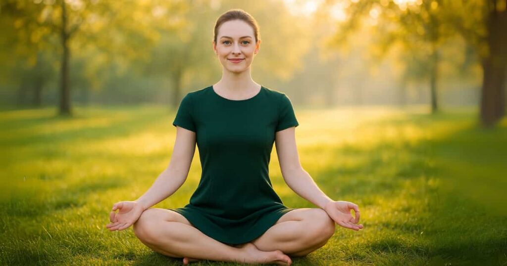 A peaceful young woman in a dark green dress doing yoga in a serene setting, promoting gentle yoga for back pain relief.