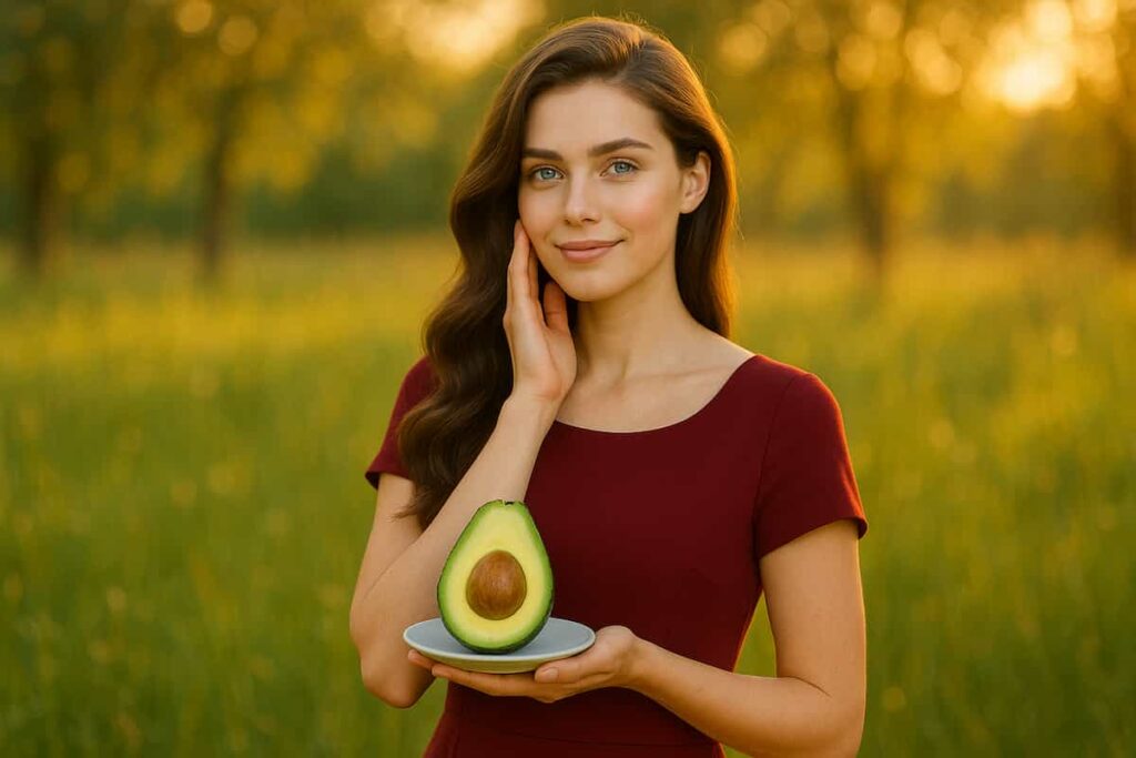 A radiant young woman in a red dress touches her glowing skin while holding an avocado, with fresh slices in her hair—showcasing the beauty benefits of avocados in a sunlit natural setting.