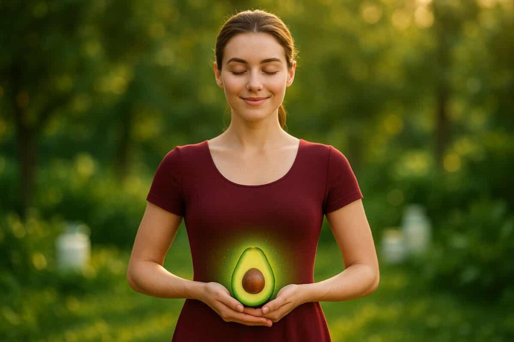 A radiant woman in a red dress holds near her stomach with a subtle glow, symbolizing gut health in a sunlit garden setting