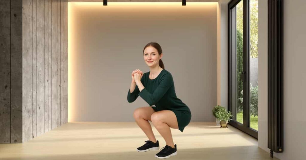 Person performing bodyweight squats at home, standing with feet hip-width apart and lowering into a squat with back straight for Leg Workouts at Home