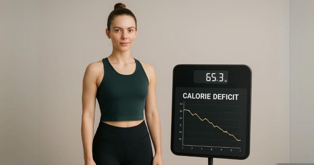 Woman tracking weight loss with a calorie deficit calculator on digital scale, fitness-focused and motivated.