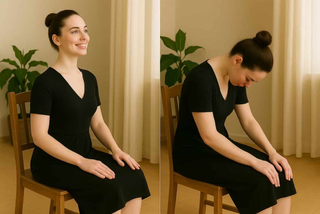 A young woman with fair skin, blue eyes, and brown hair in a neat bun performs the seated Cat-Cow stretch in a black yoga dress on a wooden chair, demonstrating gentle chair yoga for back pain relief.