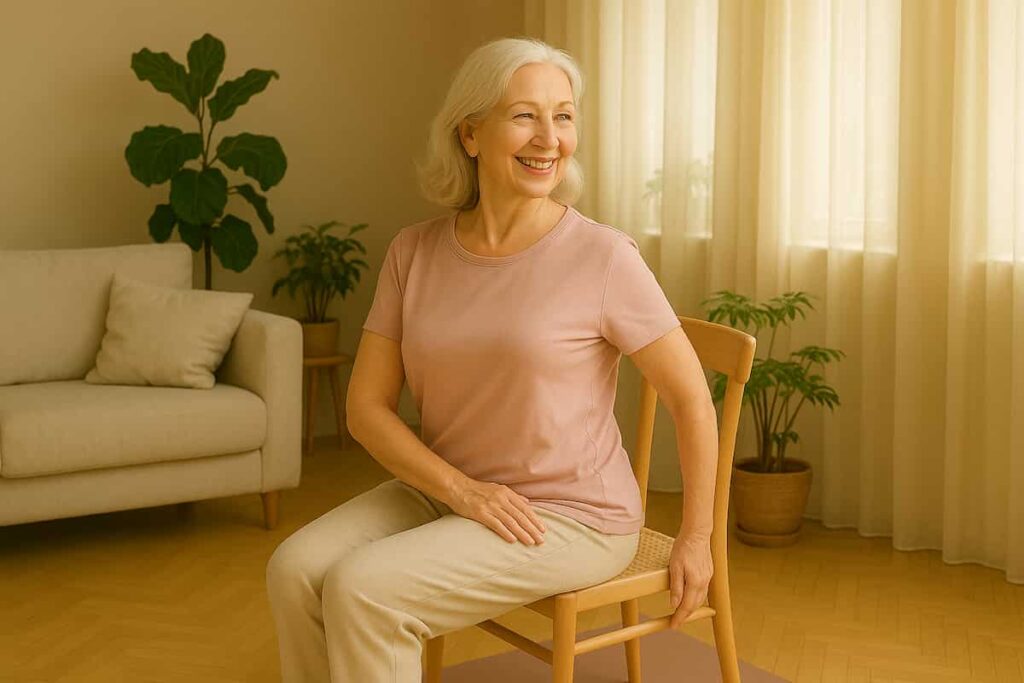 An elderly woman practicing a gentle spinal twist pose on a chair in a cozy, sunlit room. Ideal for chair yoga routines to relieve back pain.