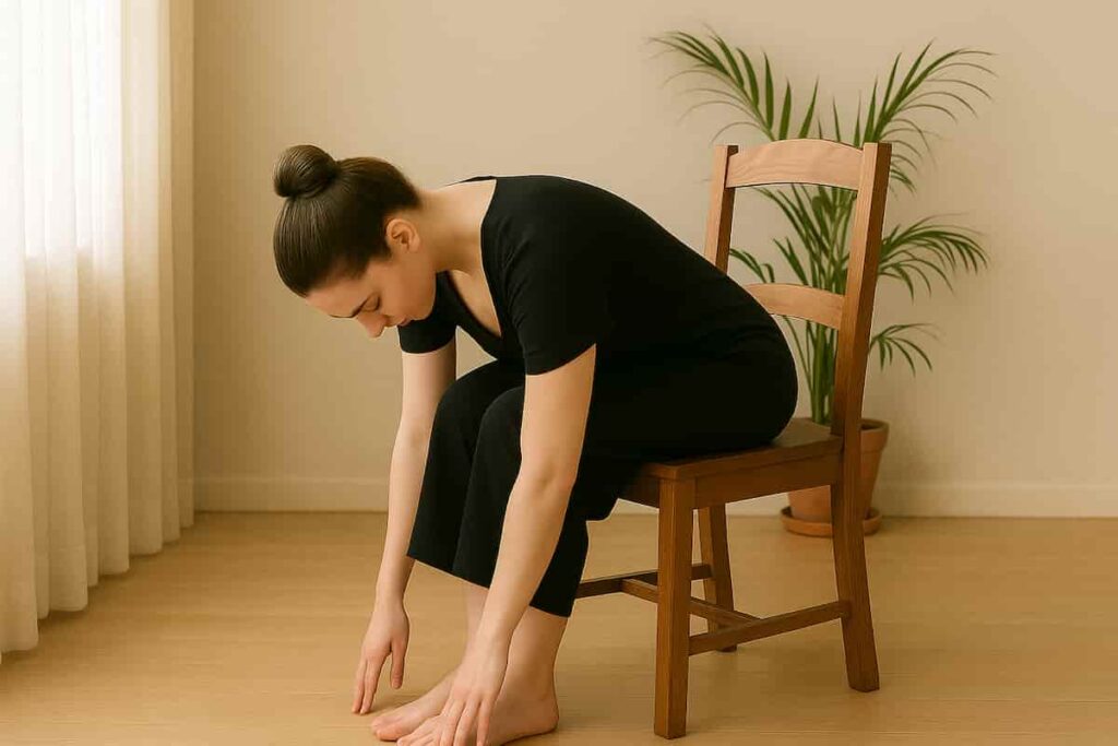 A young woman with very fair skin, blue eyes, and neatly tied brown hair practices a seated forward bend stretch in a black dress on a wooden chair. She touches her toes calmly in a softly lit room, illustrating a gentle pose for relief.