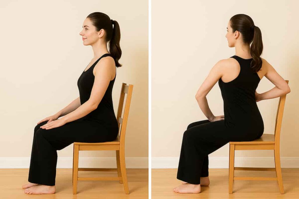 A 23-year-old woman with very fair skin, bright blue eyes, and neatly tied brown hair performs a seated spinal twist on a wooden chair. She wears a modern black yoga dress and demonstrates the pose in a peaceful, minimal indoor setting with soft lighting and calm energy.