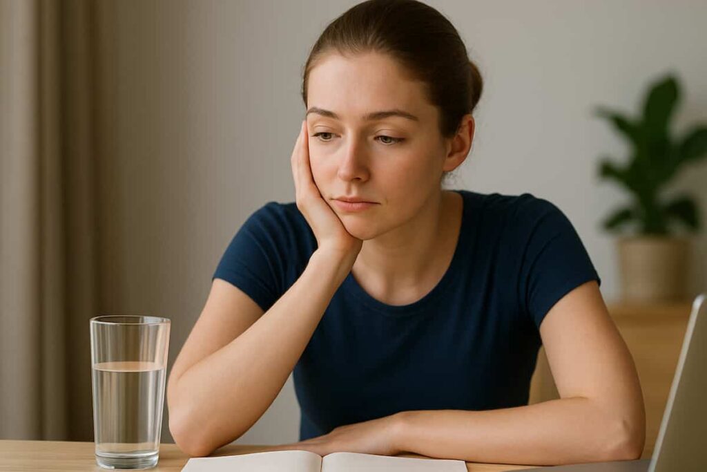 Young woman feeling tired from dehydration at her desk
