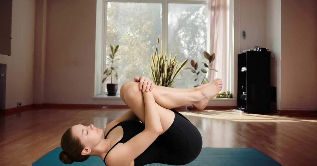 A confident young woman in a dark green dress practicing yoga at yoga studio, promoting for back pain.