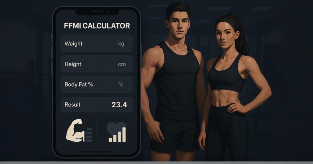 FFMI Calculator interface on smartphone with fit man and woman in gym background showing lean muscle mass inputs