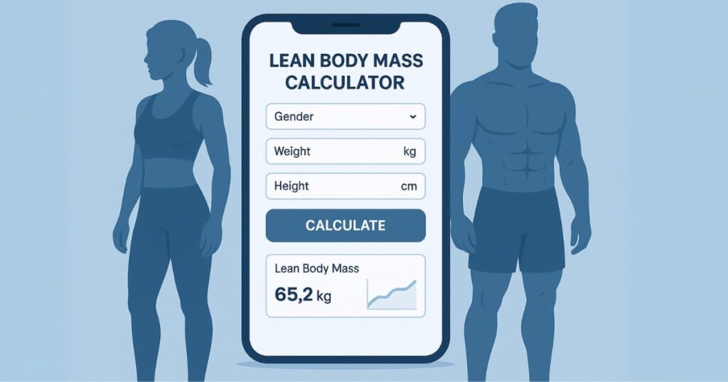 Digital lean body mass calculator on a mobile device with input fields for weight, height, and Gender showing fitness results