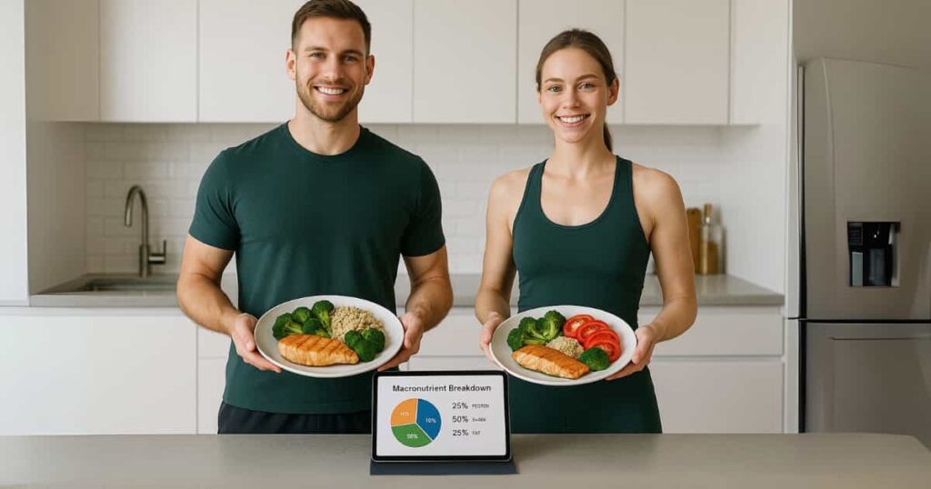 Fit man and woman holding balanced meals with protein, carbs, and fats in a modern kitchen, beside a tablet showing a macronutrient breakdown chart.