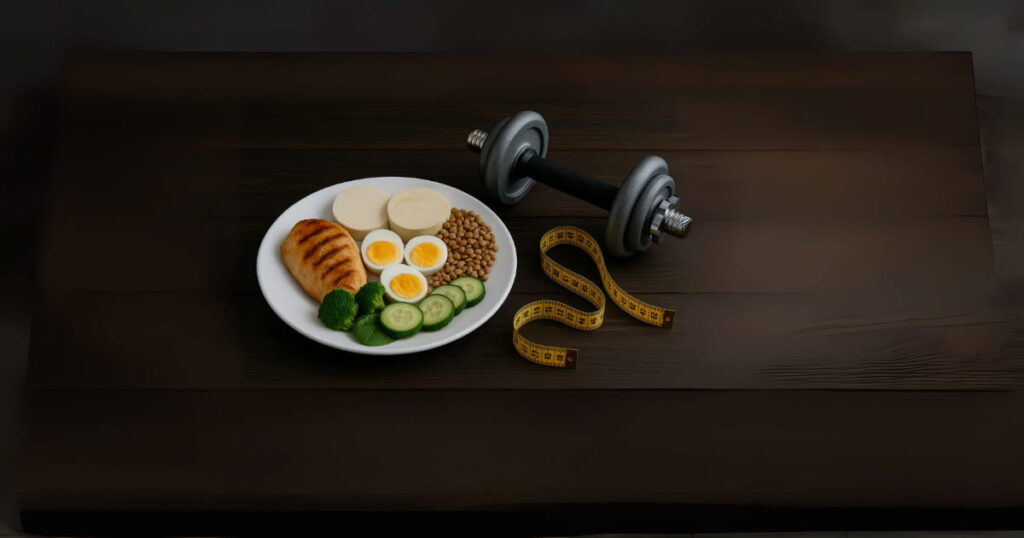 Protein Intake for Weight Loss - Healthy Meal and Dumbbell on Table