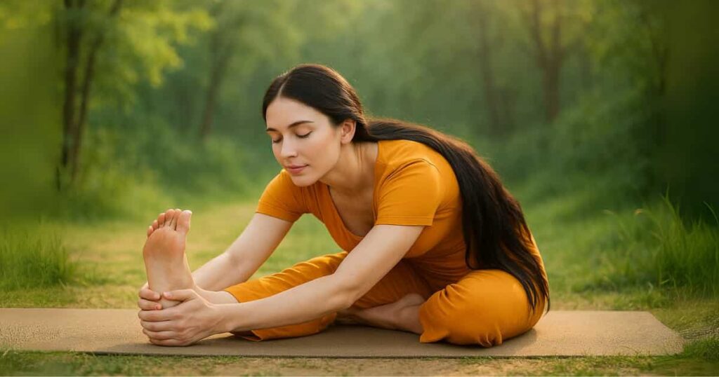 Young woman practicing seated forward bend yoga pose in a peaceful outdoor setting during morning light