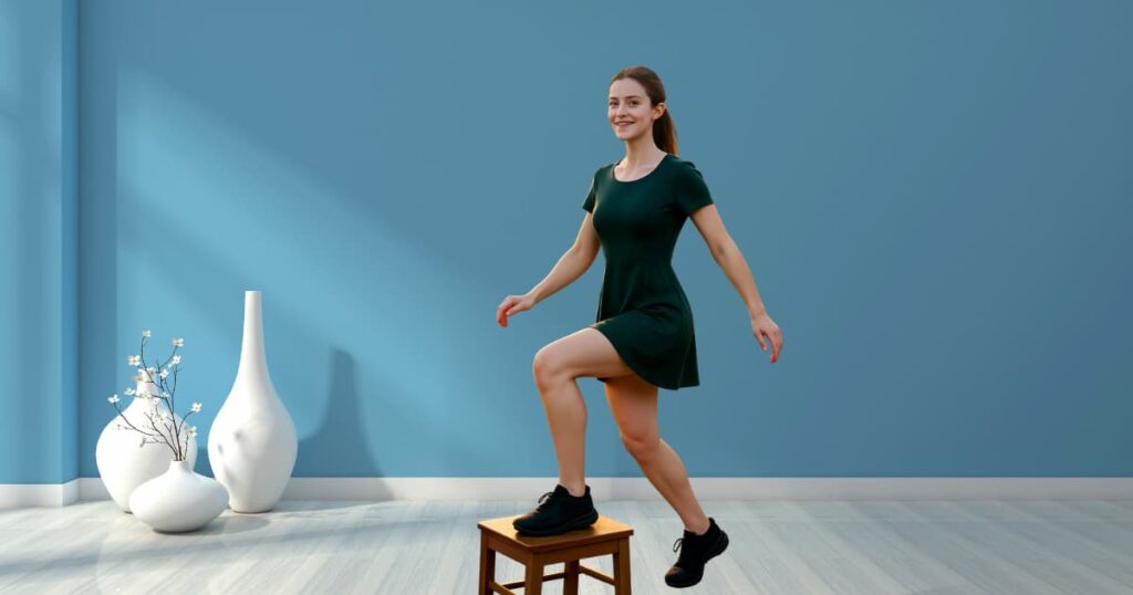 Full-body image of a fit 23-year-old woman with fair skin, blue eyes, and brown hair in a bun, wearing a dark green short dress, doing step-ups on a wooden chair for Leg Workouts at Home