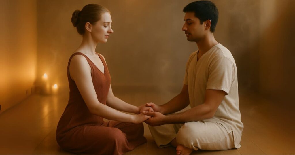 A young woman with fair skin, blue eyes, and tied brown hair and a calm, fit man with medium-tan skin and short black hair practicing Tantra Yoga together in a sacred, softly lit space. They sit facing each other in meditation, hands gently touching, embodying spiritual intimacy and inner balance. Warm golden light and candles create a serene, mystical atmosphere
