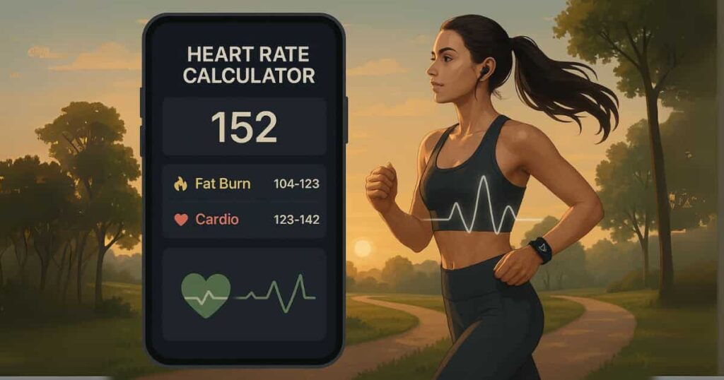 Target Heart Rate Calculator showing fat burn and cardio zones on smartphone with runner in the background