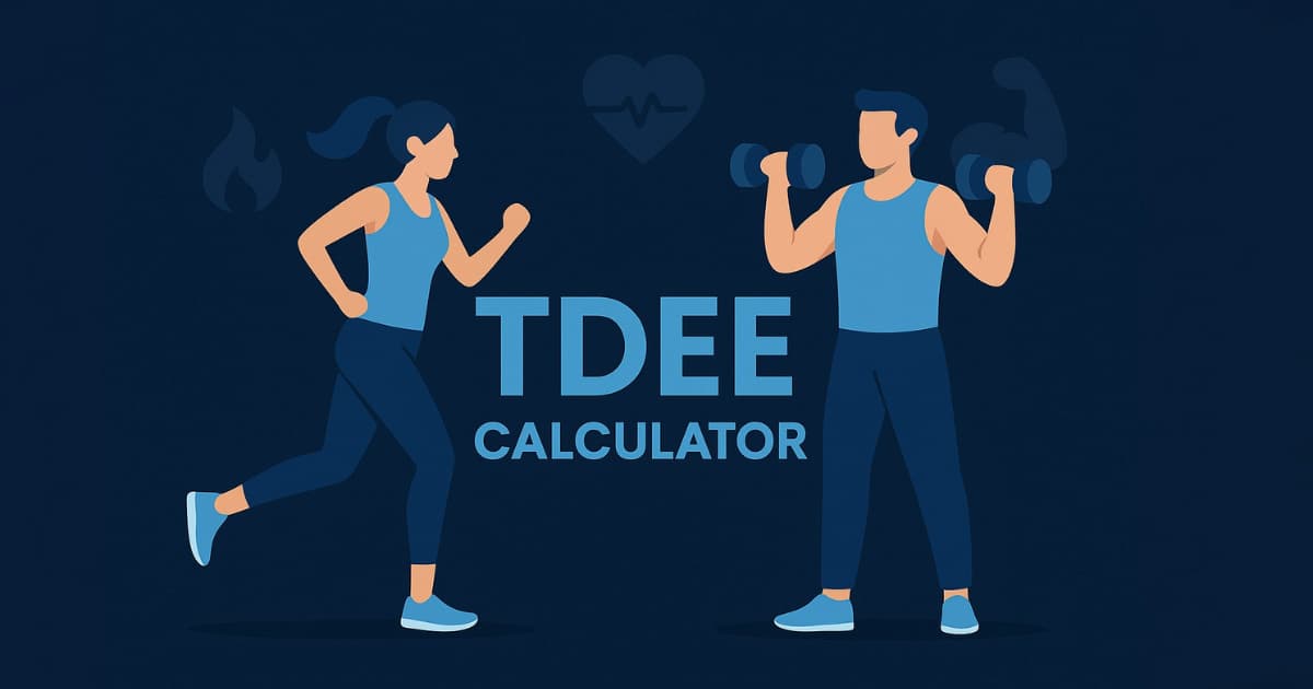TDEE Calculator Banner Illustration Flat-style illustration of a woman jogging and a man lifting dumbbells beside bold TDEE Calculator text, with fitness icons in a dark blue background.