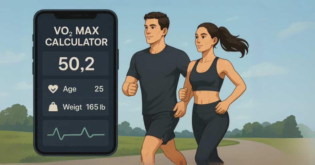 Woman and man running on a outside while using a VO2 Max Calculator app to measure endurance.