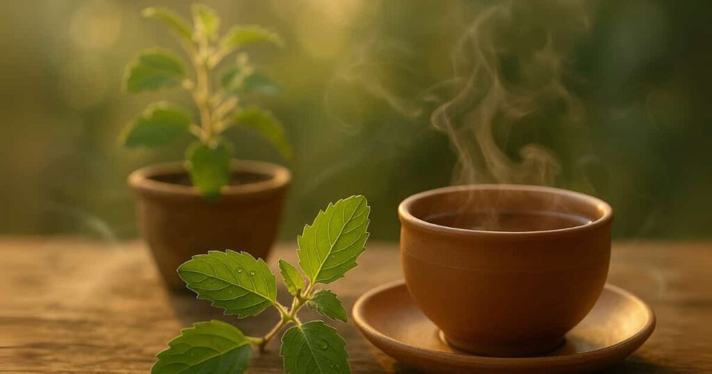 Holy Basil (Tulsi) – A powerful adaptogen for stress relief, shown as fresh leaves and herbal tea to calm mind and body naturally.