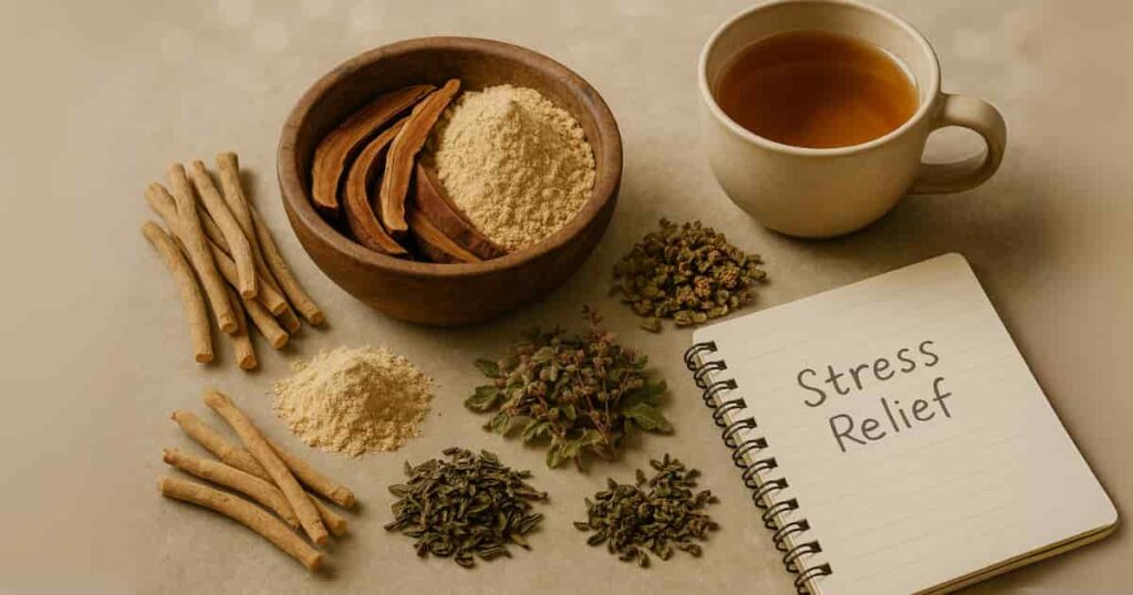 Powerful adaptogens for stress relief—ashwagandha, reishi, and holy basil—shown as natural remedies to combat burnout and anxiety.
