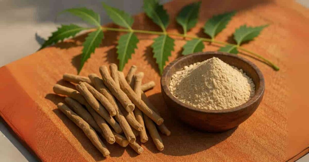 Ashwagandha root and powdered extract for natural stress relief, displayed on a rustic wooden bowl with Ayurvedic neem leaves in the background